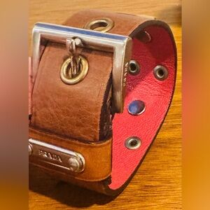 Prada Brown Leather Belt Bracelet with Light Red Interior
